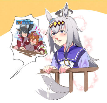 3girls ahoge animal_ears aroused_nosebleed black_hair blood blush brown_hair crown doushi_tatsu_to_dekkai_no ear_ornament faceless faceless_female fallen_down fuji_kiseki_(umamusume) grey_hair hair_between_eyes highres horse_ears horse_girl horse_tail jacket jewelry long_hair long_sleeves lying mud multicolored_hair multiple_girls nose_blush nosebleed oguri_cap_(umamusume) on_stomach pants purple_eyes red_pants red_track_suit school_uniform shirt short_hair solo_focus staring t.m._opera_o_(umamusume) tail tail_wagging tracen_school_uniform tracen_training_uniform track_jacket track_pants track_suit two-tone_hair umamusume white_hair