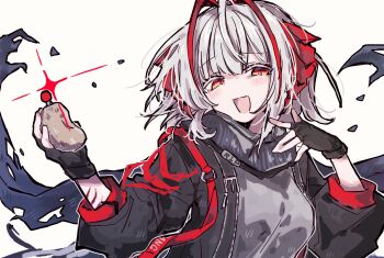 1girl antenna_hair arknights black_jacket black_scarf controller fingerless_gloves gloves grey_hair grey_shirt highres jacket okura_0915 open_mouth orange_eyes potato remote_control scar scar_on_arm scarf shirt simple_background solo torn_clothes torn_scarf w_(arknights) white_background