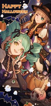 Rule 34 | 2girls, :d, ;), absurdres, alternate costume, aqua hair, bat (animal), black cat, black gloves, black ribbon, blonde hair, candle, candy, cat, chinese commentary, commentary request, dress, drill hair, earrings, english text, food, gloves, green eyes, green hair, hair ribbon, halloween, halloween costume, happy halloween, hat, head rest, highres, horns, jack-o'-lantern, jewelry, lan ruobing, lan ruobing (pristess), long hair, looking at viewer, multiple girls, one eye closed, open mouth, puffy short sleeves, puffy sleeves, pumpkin, ribbon, ring, short sleeves, skull, smile, twin drills, twintails, v, wheel of fortune (zhandou wang zhi jufeng zhan hun), wings, witch hat, yellow eyes, zhandou wang zhi jufeng zhan hun