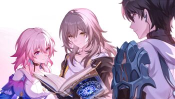 1boy 2girls absurdres as_i&#039;ve_written_(honkai:_star_rail) bad_link black_choker black_gloves black_hair black_jacket black_shirt blue_eyes blue_shirt book breasts buttons choker collarbone dan_heng_(honkai:_star_rail) dan_heng_(hunt)_(honkai:_star_rail) earpiece earrings eyeliner game_cg gloves grey_eyes grey_hair hair_intakes highres holding holding_book honkai:_star_rail honkai_(series) hood hood_down hooded_jacket jacket jewelry long_hair looking_at_object makeup march_7th_(honkai:_star_rail) march_7th_(preservation)_(honkai:_star_rail) medium_breasts medium_hair multicolored_eyes multiple_girls official_art pink_eyes pink_hair red_eyeliner shirt short_hair simple_background smile stelle_(honkai:_star_rail) trailblazer_(honkai:_star_rail) two-tone_eyes white_background white_jacket white_shirt yellow_eyes