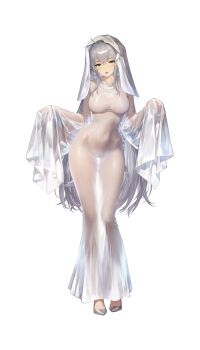1girl artist_request braid breasts brown_dust brown_dust_(series) brown_dust_2 cosplay curvy dress full_body ghost_costume ghost_girl_(niyeye2019) ghost_girl_(niyeye2019)_(cosplay) ghost_pose granhildr_(brown_dust) grey_hair groin halloween halloween_costume high_heels highres large_breasts long_hair looking_at_viewer naked_costume navel official_alternate_costume official_art open_mouth see-through_clothes see-through_dress sheet_ghost skin_tight solo stomach thigh_gap tight_clothes tight_dress underlighting very_long_hair yellow_eyes