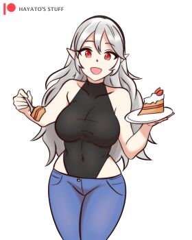 Rule 34 | 1girl, absurdres, alternate costume, black hairband, black leotard, breasts, cake, female corrin (fire emblem), fire emblem, fire emblem fates, food, grey hair, hair between eyes, hairband, hayato stuff, highres, large breasts, leotard, long hair, looking at viewer, nintendo, open mouth, pointy ears, red eyes, smile, solo