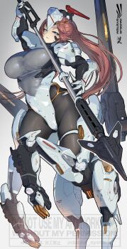 1girl absurdres black_pantyhose blue_eyes bodysuit brown_hair centaur commentary_request dazzur_(dazzur_system) highres holding holding_polearm holding_weapon horse logo machinery mecha_musume non-humanoid_robot original pantyhose polearm ponytail robot robot_animal solo taur watermark weapon