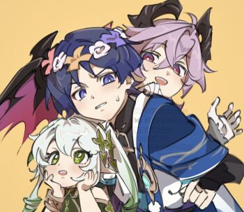 Rule 34 | 1girl, 2boys, 6tepe v v, ahoge, alternate headwear, armlet, armor, artistic error, asymmetrical sidelocks, behind another, black bodysuit, black horns, blue cape, blue gem, blue kimono, bluesky logo, bluesky username, blunt ends, blush, bodysuit, bracelet, bright pupils, cape, choppy bangs, clenched hand, commentary, covered collarbone, cross-shaped pupils, crossed bangs, detached sleeves, dragon boy, dragon horns, dragon wings, durin (genshin impact), eyelashes, eyeliner, flower, flower wreath, furisode, gem, genshin impact, gloves, gold, gold ring, gold trim, green eyes, green hair, green sleeves, grey background, hair between eyes, hair ornament, hand on another's back, hands on own face, heart, heart hair ornament, height difference, horns, japanese armor, japanese clothes, jewelry, juban, kimono, kote, kurokote, leaf, leaf hair ornament, leaning forward, long hair, looking at another, makeup, mandarin collar, middle ring, multiple boys, nahida (genshin impact), open clothes, open hand, open kimono, open mouth, parted lips, pink flower, pink hair, pink wings, pom pom (clothes), purple eyes, purple flower, purple hair, purple sash, red eyeliner, red eyes, sash, scaramouche (genshin impact), side ponytail, sidelocks, sweatdrop, symbol-shaped pupils, tareme, teeth, tsurime, twitter username, twitter x logo, untranslatable commentary, upper teeth only, vision (genshin impact), wanderer (genshin impact), watermark, white flower, white gloves, white hair, white kimono, white mouth, white pupils, wings, yellow background, yellow flower, yellow pupils