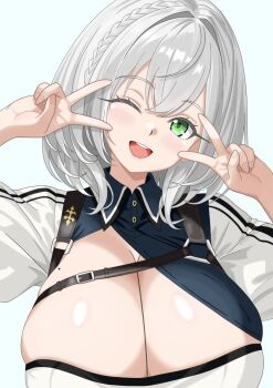 1girl braid breasts cleavage cleavage_cutout clothing_cutout collared_dress commentary_request double_v dress green_eyes hololive huge_breasts leather_belt leather_strap mole mole_on_breast one_eye_closed philip98267134 shirogane_noel single_braid smile solo v virtual_youtuber white_background white_hair
