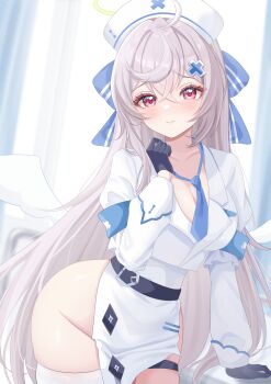 1girl absurdres ahoge arm_support armband beatrixa_(stella_sora) bed belt bibixart black_gloves blue_armband blue_necktie blue_trim blush breasts cleavage closed_mouth collarbone commentary crossed_bangs curtains dress english_commentary gloves grey_hair groin hair_between_eyes hair_ornament hand_up hat highres hospital_bed indoors long_hair long_sleeves looking_at_viewer medium_breasts necktie nurse_cap pink_eyes sidelocks single_thighhigh solo stella_sora symbol-only_commentary thigh_strap thighhighs thighs very_long_hair white_background white_dress white_thighhighs white_trim white_wings wing_collar wings x_hair_ornament