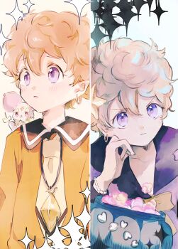 Rule 34 | 1girl, animal, animal on shoulder, blanca (sugar sugar rune), blonde hair, blush, bracelet, commentary request, earrings, hair between eyes, hano luno, head rest, highres, jewelry, mouse (animal), multiple views, necktie, pendant, pointy ears, purple eyes, school uniform, short hair, sparkle, sugar sugar rune, upper body, vanilla mieux