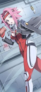 1girl absurdres between_breasts blue_eyes bodysuit breasts cleavage code_geass commentary_request drinking dutch_angle grey_jacket hair_intakes headband highres hitempo jacket kouzuki_kallen long_sleeves looking_at_viewer medium_breasts open_clothes open_jacket pink_hair red_bodysuit red_headband short_hair solo spiked_hair walking