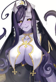 1girl absurdres ahoge ariagnyx_lovecraft black_hair black_sclera breast_curtains breasts cleavage closed_mouth colored_sclera covered_navel doresia gold_trim gradient_horns hair_between_eyes highres horns huge_ahoge indie_virtual_youtuber long_hair mole mole_on_breast mole_under_eye multicolored_horns nun pointy_ears second-party_source smile solo sweat tentacles twitter_username virtual_youtuber wet yellow_eyes