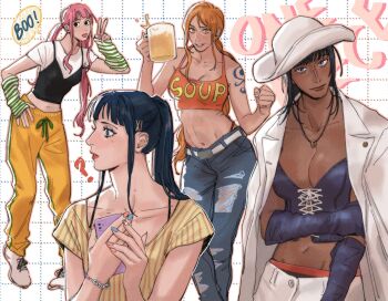 1boy 3girls ? absurdres alcohol arm_warmers beer black_hair blue_eyes breasts cleavage clenched_hand closed_mouth collarbone commentary denim drawingdump english_commentary eyelashes grid_background hand_on_own_arm hat highres jeans jewelry kikunojo_(one_piece) multiple_girls nail_polish nami_(one_piece) navel necklace nico_robin one_piece orange_shirt pants parted_lips perona pink_hair ponytail shirt short_hair shoulder_tattoo speech_bubble striped_clothes striped_shirt tattoo tongue tongue_out torn_clothes torn_jeans torn_pants transgender_flag v white_hat white_shirt yellow_pants