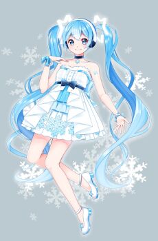 1girl aqua_eyes aqua_hair aqua_ribbon arm_tattoo bare_shoulders black_choker breasts choker closed_mouth collarbone dress frilled_dress frills full_body hair_between_eyes hair_ornament hatsune_miku headset highres long_hair looking_at_viewer masumofu number_tattoo ribbon small_breasts smile snowflake_print snowflakes solo strapless strapless_dress tattoo twintails very_long_hair vocaloid wrist_ribbon