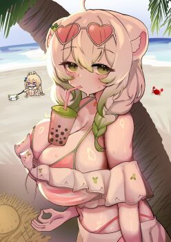 2girls absurdres animal_ears beach bikini blonde_hair braid braided_ponytail breasts bubble_tea cleavage commentary crab drinking drinking_straw ferret_ears ferret_girl gradient_hair green_eyes green_hair highres huge_breasts indie_virtual_youtuber limealicious limealicious_(summer) looking_at_viewer multicolored_hair multiple_girls object_on_breast palm_tree pink_bikini rabbit_girl sae_art sand sarong see-through_clothes stick sweat swimsuit tree untranslatable_commentary virtual_youtuber water white_hair yenko_(vtuber)