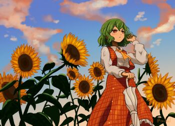 1girl absurdres ascot cloud cloudy_sky collared_shirt commentary_request field flower flower_field green_hair highres holding holding_umbrella kazami_yuuka long_hair looking_to_the_side medium_hair raihal_il red_eyes red_skirt shirt skirt sky solo sunflower sunflower_field touhou umbrella white_shirt white_umbrella yellow_ascot yellow_flower