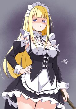1girl apron artist_logo bare_shoulders black_ribbon blonde_hair blue_eyes breasts cleavage commentary_request cowboy_shot detached_sleeves disgust dress frilled_sleeves frills hand_on_own_hip highres holding kaedemarine logo long_hair long_sleeves looking_at_viewer maid maid_headdress medium_breasts re:zero_kara_hajimeru_isekai_seikatsu ribbon ribbon-trimmed_clothes ribbon_trim roswaal_mansion_maid_uniform solo sylphy_(re:zero) thighs underbust waist_apron