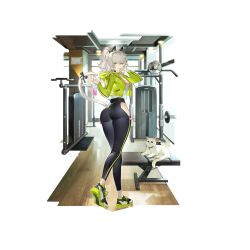 1girl alpha_transparency animal_ears artist_request ass black_bow blue_eyes bow breasts can cat cat_ears cat_tail closed_mouth clothing_cutout cross-laced_shoes fake_animal_ears full_body girls&#039;_frontline girls&#039;_frontline_2:_exilium green_jacket grey_hair gym heterochromia highres hip_vent holding holding_can hood hooded_jacket indoors jacket long_hair looking_at_viewer official_alternate_costume official_art pants peritya_(born_huntress)_(girls&#039;_frontline_2) peritya_(girls&#039;_frontline_2) shirt shoes sneakers solo tail tail_bow tail_ornament white_cat white_shirt yellow_eyes yoga_pants