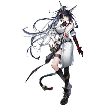 Rule 34 | 1girl, :3, animal ears, antenna hair, arknights, asymmetrical clothes, asymmetrical coat, asymmetrical legwear, belt, black belt, black ears, black gloves, black hair, black shoes, black shorts, black socks, black tail, black thighhighs, blaze (arknights), blaze the igniting spark (arknights), blue eyes, breasts, cat ears, cat girl, cat tail, chest harness, cleavage, closed mouth, coat, elbow glove, elbow gloves, floating hair, framed cleavage, full body, gloves, hand on own hip, harness, high ponytail, highres, infection monitor (arknights), kneehighs, long hair, looking at viewer, mag (mag42), official alternate costume, official art, ponytail, shirt, shoes, shorts, simple background, single elbow glove, single glove, single kneehigh, single sock, single thighhigh, smile, socks, solo, standing, tachi-e, tail, thigh strap, thighhighs, third-party source, transparent background, uneven legwear, very long hair, white coat, white shirt