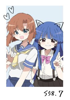 Rule 34 | 2girls, blue eyes, blue hair, blue sailor collar, blue skirt, blush, bow, bowtie, commentary request, furude rika, heart, highres, higurashi no naku koro ni, multiple girls, neckerchief, open mouth, orange hair, pink bow, pink bowtie, pleated skirt, ryuuguu rena, sailor collar, school uniform, serafuku, shirt, short sleeves, skirt, smile, suspender skirt, suspenders, upper body, v, w, white shirt, yellow neckerchief, yokikana1983