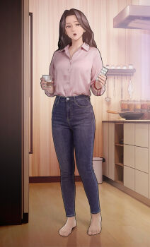 1girl absurdres barefoot brown_hair casual commentary cup denim feet floor highres holding holding_cup indoors jeans kitchen long_hair looking_at_viewer mature_female medicine open_mouth original pants purple_eyes refrigerator shadow shirt solo toes water wooden_floor yewang19 yutang_(yewang19)