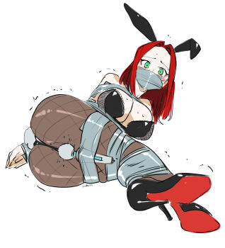 animal_ears ass bound breasts commission eudetenis fake_animal_ears fake_tail full_body gag gagged green_eyes high_heels highres hitachi_magic_wand improvised_gag large_breasts leotard original pantyhose playboy_bunny rabbit_ears rabbit_tail red_hair second-party_source sex_toy solo strapless strapless_leotard tail tape tape_bondage tape_gag vibrator white_background