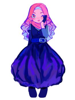 1girl alien_stage black_gloves blue_dress blue_hijab blush_stickers boboiboy commentary cosplay cropped_legs dress english_commentary gloves hand_on_own_face highres hijab mizi_(alien_stage) mizi_(alien_stage)_(cosplay) novandezyshax one_eye_closed open_mouth pink_eyes pink_hijab signature single_blush_sticker smile solo yaya_yah