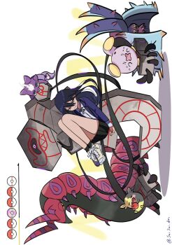 black_hair closed_eyes crossover gen_3_pokemon gen_5_pokemon gen_7_pokemon gen_8_pokemon gundam gundam_gquuuuuux hasu_175 heal_ball highres holding jacket long_hair long_sleeves looking_at_viewer morpeko morpeko_(full) nintendo nyaan_(gundam_gquuuuuux) open_mouth poke_ball poke_ball_(basic) pokemon premier_ball runerigus school_uniform scolipede shirt skirt smile toxapex toxel whismur yellow_eyes