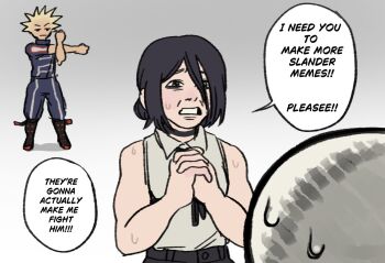 1boy 1girl 1other bakugou_katsuki begging black_hair blonde_hair boku_no_hero_academia boots chainsaw_man closed_mouth commentary english_commentary english_text goopskully gradient_background grey_background hair_between_eyes high-waist_shorts meme reze_(chainsaw_man) scared short_hair short_sleeves shorts sleeveless stretching sweat