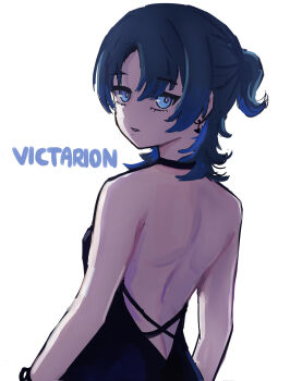 Rule 34 | 1girl, artist name, backless dress, backless outfit, black dress, blue eyes, blue hair, breasts, dress, earrings, highres, hiodoshi ao, hololive, hololive dev is, jewelry, looking back, ponytail, short ponytail, simple background, small breasts, solo, victarionsc, virtual youtuber, white background