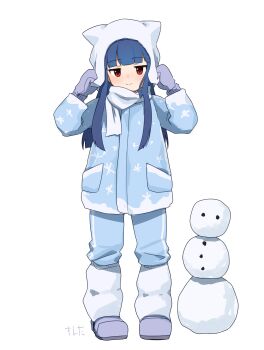 1girl absurdres beanie blue_hair blue_jacket blue_pants blunt_bangs boots child closed_mouth coat commentary earflap_beanie gloves hand_on_own_hat hat highres idolmaster idolmaster_cinderella_girls jacket jitome long_hair looking_at_viewer montamo739 multicolored_boots pants purple_boots purple_gloves red_eyes sajo_yukimi scarf simple_background smile snow_boots snowflake_print snowman solo symbol-only_commentary track_pants two-tone_boots white_background white_hat white_scarf winter_clothes winter_coat