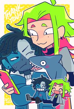 Rule 34 | 2boys, black footwear, black shirt, blue jacket, border, chibi, chibi inset, commentary request, commission, dreadlocks, earrings, fang, grey jacket, grin, hand puppet, highres, holding, holding phone, jacket, jewelry, male focus, mole, mole under each eye, mole under eye, multiple boys, multiple moles, one eye closed, original, patchwork skin, phone, puppet, ring, shirt, smile, sweatdrop, thank you, tsunoji, white border, white shirt