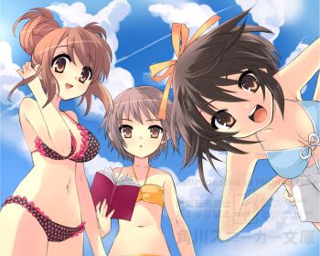 Rule 34 | 3girls, :d, asahina mikuru, bikini, bikini top only, blue bikini, blue sky, book, brown hair, cloud, day, hair bun, hair ribbon, hand on own hip, heart, heart print, highres, holding, holding book, ito noizi, multiple girls, nagato yuki, navel, official art, open mouth, parted lips, polka dot, polka dot bikini, print bikini, purple hair, ribbon, second-party source, short hair, shorts, single hair bun, sky, smile, stomach, suzumiya haruhi, suzumiya haruhi no yuuutsu, swimsuit, teeth, thighs, tongue, upper teeth only, watermark, white shorts, yellow bikini, yellow ribbon
