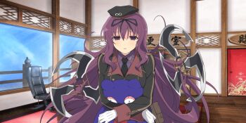 1girl :o architecture bebe-tan belt_pouch black_jacket black_necktie black_ribbon blue_sky blush breasts chair cloud day east_asian_architecture fusuma gloves hair_ribbon hebijo_academy_school_uniform highres holding holding_stuffed_toy indoors infinity_symbol jacket long_hair long_sleeves looking_at_viewer murasaki_(senran_kagura) necktie office official_art open_mouth pouch prehensile_hair purple_eyes purple_hair purple_shirt ribbon rug school_uniform senran_kagura senran_kagura_new_link senran_kagura_shinovi_versus shirt shuriken sky sliding_doors solo stuffed_animal stuffed_toy swivel_chair teddy_bear upper_body very_long_hair weapon white_gloves window wooden_floor