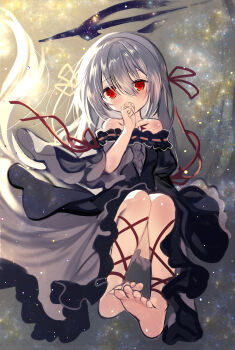 1girl absurdres bare_shoulders barefoot black_dress borrowed_character commission covering_own_mouth dress floating frilled_dress frills fuepo full_body grey_hair hair_ribbon halo hand_up highres long_hair looking_at_viewer off-shoulder_dress off_shoulder original red_eyes red_ribbon ribbon sidelocks skeb_commission soles solo tareme toes universe