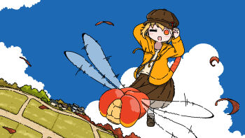 Rule 34 | 1girl, absurdres, autumn, autumn leaves, blonde hair, brown hat, brown skirt, bug, cloud, commentary request, day, dragonfly, dragonfly hair ornament, drawstring, dutch angle, emesan desu, field, hat, highres, hood, hood down, hooded jacket, insect, jacket, leaf, long sleeves, looking at viewer, one eye closed, open clothes, open jacket, open mouth, orange eyes, original, outdoors, pleated skirt, riding, scenery, skirt, village, yellow jacket, zipper