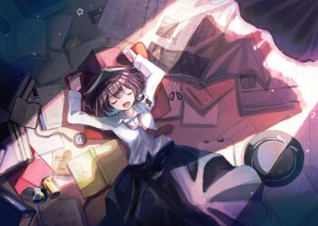 1girl absurdres black_skirt book book_on_head bow brown_hair can closed_eyes collared_shirt compass dress fedora folder frilled_dress frills hair_bow hat hat_bow highres journal knee_up long_sleeves lying minus_(sr_mineka) necktie newspaper note notebook notepad object_on_head on_back open_mouth out_of_frame paper photo_(object) purple_dress red_necktie scissors shadow shirt short_hair skirt star_(symbol) touhou usami_renko white_bow white_shirt