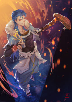 Rule 34 | 1boy, armor, belt, blue hair, capelet, casting spell, closed mouth, collarbone, cu chulainn (caster) (fate), cu chulainn (fate), earrings, fate/grand order, fate (series), fire, full body, fur-trimmed hood, fur trim, greaves, harem pants, highres, holding, holding weapon, hood, hood down, hooded capelet, jewelry, long hair, male focus, pants, red eyes, runes, signature, skin tight, smile, solo, spiked hair, staff, toeless legwear, type-moon, washuu, water, weapon, wooden staff