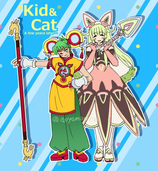 Rule 34 | 2girls, aged up, alternate hair length (longer), animal ears, aoyamaremo, aqua background, blush, boots, capelet, charm (object), closed mouth, commentary request, dragon kid, dress, drop shadow, elbow gloves, english text, eyelashes, fake animal ears, full body, fur-trimmed capelet, fur trim, gloves, green eyes, green hair, green pants, hand on own hip, headband, highres, holding, holding staff, holding wand, huang pao-lin, lara tchaikoskaya, legendary super saiyan, long hair, multiple girls, one eye closed, outline, outstretched arm, pants, pink gloves, red headband, red shoes, shirt, shoes, short hair, smile, staff, standing, super saiyan, superhero costume, tiger &amp; bunny, twitter username, wand, white boots, white capelet, white outline, yellow shirt
