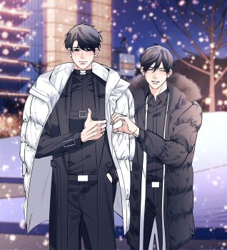 Rule 34 | 2boys, :|, bare tree, belt collar, black coat, black eyes, black hair, black shirt, blush, chest belt, closed mouth, coat, collar, collared shirt, curtained hair, double-parted bangs, feet out of frame, fur collar, hair between eyes, hand in pocket, heart, heart hands, heart hands duo, highres, imgeun, kim dokja, looking at viewer, male focus, mountainous horizon, multiple boys, omniscient reader's viewpoint, outdoors, shirt, short hair, skyline, snow, snowing, thumbs up, tree, white coat, winter, winter clothes, winter coat, yoo joonghyuk