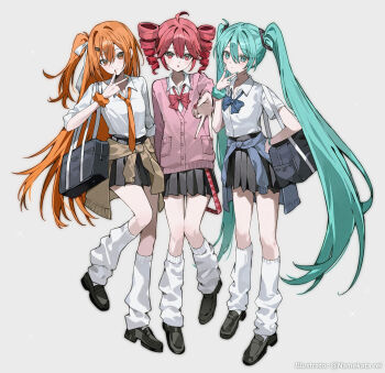 3girls a.i._voice absurdres adachi_rei aqua_eyes aqua_hair aqua_nails bag black_shoes black_skirt blue_bow blue_cardigan bow brown_cardigan cardigan cardigan_around_waist closed_mouth clothes_around_waist collared_shirt commentary_request dot_nose drill_hair full_body gyaru hair_between_eyes hair_ornament hairclip hatsune_miku highres kasane_teto kaukrtya0915 leg_warmers long_hair looking_at_viewer medium_hair multiple_girls necktie open_mouth orange_eyes orange_hair orange_nails orange_necktie pink_cardigan pleated_skirt red_bow red_eyes red_hair red_nails school_bag shirt shoes side_ponytail simple_background skirt standing striped_bow twin_drills twintails twitter_username utau v very_long_hair vocaloid white_leg_warmers white_shirt