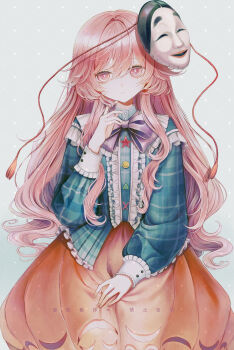 1girl adapted_costume aliasing aqua_shirt bow bowtie bright_pupils bubble_skirt center_frills chinese_commentary circle closed_mouth commentary_request commission cowboy_shot curly_hair expressionless frilled_shirt frills grey_background hand_in_own_hair hand_up hata_no_kokoro highres hourai_kiriri lolita_fashion long_hair long_sleeves looking_at_viewer mask mask_on_head noh_mask orange_skirt pink_eyes pink_hair plaid_clothes plaid_shirt puffy_long_sleeves puffy_sleeves purple_bow purple_bowtie shirt simple_background skirt skirt_cutout sleeve_cuffs solo star_(symbol) touhou triangle twirling_hair watermark watermark_grid white_pupils x_(symbol)