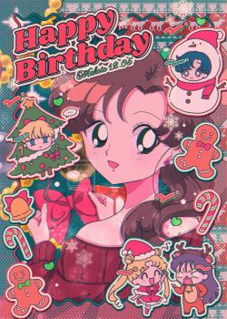 Rule 34 | aino minako, animal costume, bare shoulders, bell, bishoujo senshi sailor moon, blonde hair, brown hair, candy, christmas, christmas tree costume, earrings, flower earrings, food, gingerbread man, gloves, green eyes, hair bobbles, hair ornament, happy birthday, highres, hino rei, jewelry, kino makoto, long hair, mizuno ami, ponytail, red sweater, reindeer costume, santa costume, smile, snowman costume, sweater, tsukico 9h, white gloves