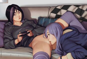 2girls bags_under_eyes black_hair clothes_writing commentary controller couch cunnilingus emotionless_sex english_commentary futomomomoe game_controller highres mole mole_on_pussy mole_on_stomach mole_on_thigh mole_under_eye multiple_girls on_couch oral original playing_games pubic_stubble purple_hair purple_streaks purple_thighhighs pussy spread_legs striped_clothes striped_thighhighs thighhighs uneven_eyes yuri