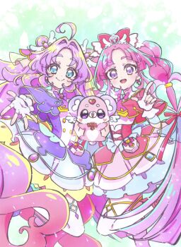 Rule 34 | 2girls, :d, ahoge, akechi anna, blue eyes, blunt ends, blush, blush stickers, bow, braid, brooch, buttons, capelet, closed mouth, commentary, creature, cure answer, cure mystic, dot nose, double-breasted, double bun, dress, earrings, fairy, fingerless gloves, fingernails, foot out of frame, gloves, gradient hair, green background, hair bow, hair bun, hair intakes, hair ornament, hand up, heart, heart-shaped blush stickers, heart brooch, heart hair ornament, highres, impossible hair, index finger raised, jewelry, kobayashi mikuru, layered dress, leg up, long hair, looking at viewer, magical girl, meitantei precure!, multicolored hair, multiple girls, open hand, open mouth, outstretched hand, parted bangs, pink bow, pink capelet, pink dress, pink gloves, pink hair, pink shoes, pochi-tan, pouch, precure, purple bow, purple capelet, purple dress, purple eyes, purple gloves, purple hair, purple shoes, reaching, reaching towards viewer, red bow, shoes, side-by-side, smile, split mouth, spread fingers, standing, standing on one leg, thick eyebrows, thighhighs, twin braids, very long hair, white thighhighs, yano akane