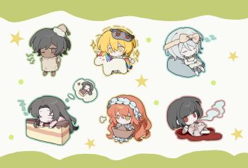 Rule 34 | 6+girls, black hair, blonde hair, bob cut, cake, closed eyes, closed mouth, commentary, don quixote (project moon), dreaming, eye mask, faust (project moon), food, green eyes, hat, highres, ishmael (project moon), limbus company, lmojn3, long hair, mask, mini person, minigirl, multiple girls, nightcap, nightgown, orange hair, outis (project moon), pajamas, pillow, project moon, rodion (project moon), ryoshu (project moon), short hair, sidelocks, sleepwear, symbol-only commentary, unicorn, vergilius (project moon), very long hair, white hair, yellow eyes