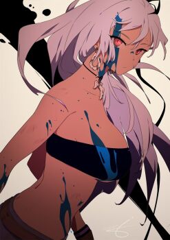 1girl bare_shoulders black_hair black_tube_top bone_necklace breasts closed_mouth commentary dark-skinned_female dark_skin earrings english_commentary from_side hair_between_eyes jewelry juken_no_hime_no_overkill large_breasts long_hair looking_at_viewer multicolored_hair paint paint_on_body red_eyes shea_kyle signature simple_background sohin solo strapless tribal tube_top white_hair