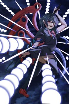 1girl asymmetrical_wings black_dress black_hair black_thighhighs blue_wings bow bowtie commentary_request danmaku dress floating full_body highres holding holding_behind_back holding_polearm holding_polearm_behind_back holding_weapon holding_weapon_behind_back houjuu_nue kulukulu3333 parted_lips pointy_ears polearm red_bow red_bowtie red_eyes red_shoes red_wings shoes short_hair short_sleeves smile snake snake_wrapped_around_arm solo teeth thighhighs thighs touhou two-tone_wings upper_teeth_only weapon wings zettai_ryouiki