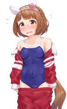 1girl animal_ears blue_one-piece_swimsuit blush braid breasts brown_eyes brown_hair clothes_pull collarbone commentary_request covered_navel flying_sweatdrops highres horse_ears horse_girl horse_tail jacket long_sleeves looking_at_viewer medium_breasts naka_ushiro navel nose_blush one-piece_swimsuit open_mouth red_jacket red_shorts school_swimsuit shorts shorts_pull simple_background solo swimsuit tail tracen_training_uniform umamusume white_background yukino_bijin_(umamusume)