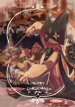 3others animal_ears animal_hands blurry blurry_background braixen claws closed_mouth draw_pann33 floragato fox_ears furry gen_6_pokemon glass green_fur green_hair half-closed_eyes hat highres holly juice looking_at_viewer meowscarada merry_christmas multiple_others nintendo other_focus pink_eyes pink_hat pokemon pokemon_(creature) pouring santa_hat short_hair short_tail smile solo_focus tail two-tone_fur upper_body white_fur yellow_fur