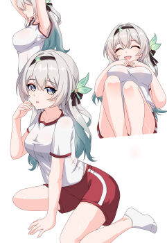 1girl absurdres alternate_costume armpit_peek breasts closed_eyes collarbone firefly_(honkai:_star_rail) gradient_hair green_hair grey_hair hair_between_eyes hair_ornament highres honkai:_star_rail honkai_(series) large_breasts long_hair maxwelzy multicolored_hair open_mouth red_shorts shirt short_sleeves shorts simple_background sitting smile socks sportswear wariza white_background white_shirt white_socks