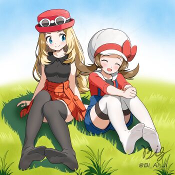 2girls :d absurdres blue_eyes blue_overalls bow breasts brown_hair closed_eyes closed_mouth collarbone collared_shirt commentary_request day eyelashes feet grass hat hat_bow highres long_hair lyra_(pokemon) multiple_girls nintendo no_shoes open_mouth outdoors overalls pleated_skirt pokemon pokemon_hgss pokemon_xy red_hat serena_(pokemon) shirt sitting skirt smile sunglasses thighhighs twintails viaigi white-framed_eyewear white_hat white_thighhighs