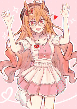 Rule 34 | 1girl, ahoge, alternate costume, animal ears, arms at sides, beret, blue eyes, breasts, collarbone, commentary request, hair between eyes, hair ornament, hat, heart, highres, horse ears, horse girl, long hair, looking at viewer, meni shuki rush-sshu!, open mouth, orange eyes, orange hair, pink background, ribbon, royal family (the royal family), sasa no cha, small breasts, solo, the royal family (tv series), umamusume